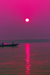 Foto auf Alu-Dibond Boats Ganges Ganga River Varanasi Benares Uttar Pradesh India Water Transport Traditional Colorful Sunrise Culture Hinduism Sunrise Sunset Sacred City Tourism Scenic Views Iconic Ghats Temples © Pedro