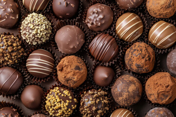 A top-down view of chocolate truffles arranged closely together