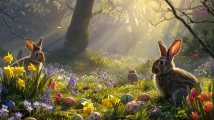 Foto op Plexiglas A rabbit is nestled among the flowers in a meadow surrounded by lush green grass and beautiful natural landscape in a forest AIG42E © Summit Art Creations