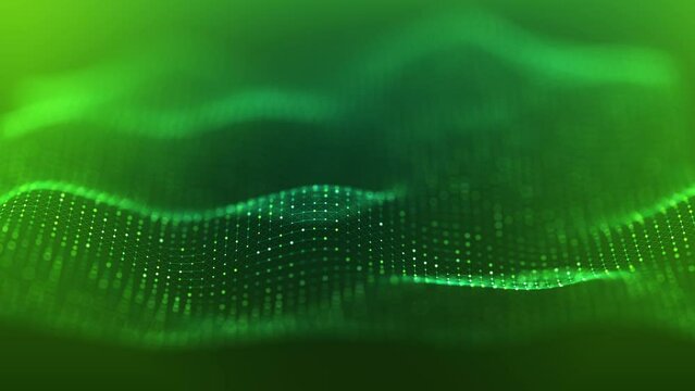 Elegant green particles and waves animation with a perfect loop for backgrounds and wallpapers, showcasing a glowing network of dots and lines in a seamless abstract motion