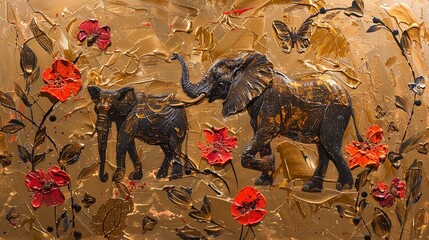 Wall frescoes of flowers with elephants.