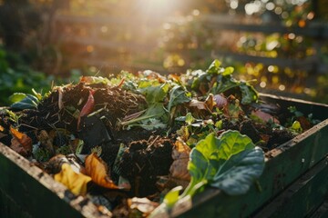 Close-up of a compost bin bathed in sunlight, with organic waste decomposing into nutrient-rich soil amidst a verdant garden setting.