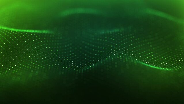 Seamless looped animation of glowing green technology particles and waves - an abstract network grid backdrop perfect for wallpaper or decoration