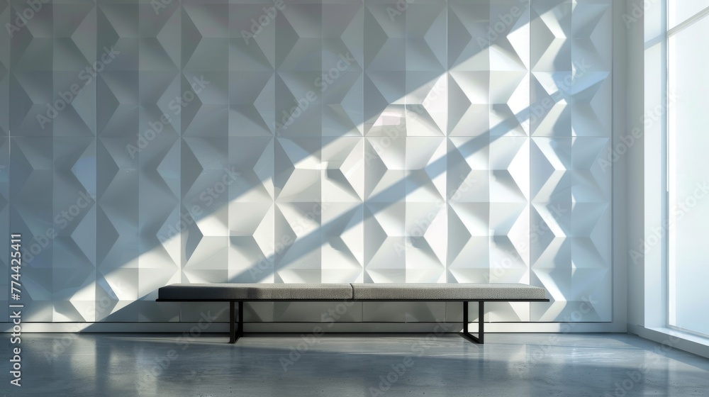 Poster Minimalist bench against a geometric-patterned wall with sunlight casting dynamic shadows. Modern interior design concept for posters and architectural visualization.