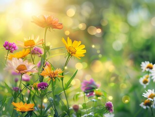 Obraz na płótnie Canvas Colorful flower meadow with sunbeams and bokeh lights in summer - nature background banner with copy space - summer greeting card wildflowers spring concept