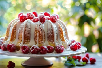 Lemon caraway bundt cake with raspberries and sugar glaze focus on the cut - obrazy, fototapety, plakaty