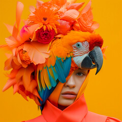 beautiful young woman with parrot headband and flowers on orange
