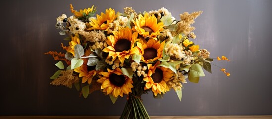 Sunflowers arranged in a vase, showcasing a bunch of vibrant yellow flowers with tall stems and large green leaves