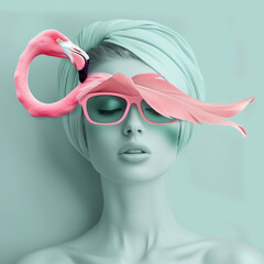 Beautiful girl with pink flamingo in her hair and turban