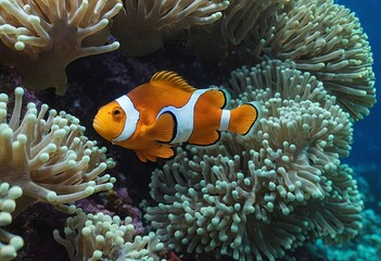 Naklejka na ściany i meble Harmonious dance orange and white clownfish in sea anemone