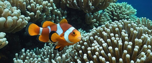 Naklejka na ściany i meble Harmony in the reef orange and white clownfish among coral