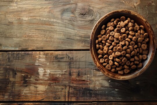 Macro photo of nutritious dog food in bowl on wooden surface with blurred background and room for text