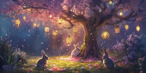 Fototapete A rabbit is peacefully resting under a cherry blossom tree in a natural landscape at night, creating a serene and picturesque scene reminiscent of a painting AIG42E © Summit Art Creations