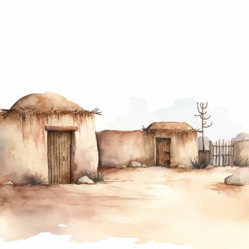 Aquarell alte Lehmhäuser im Wüstendorf Illustration Rondavel