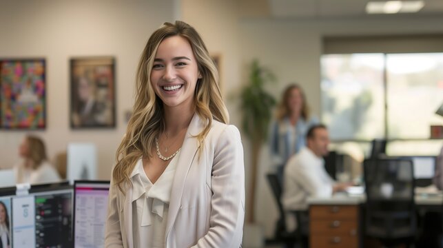 A professionally captured stock photo presenting a smiling, attractive, confident professional young woman standing tall in her office