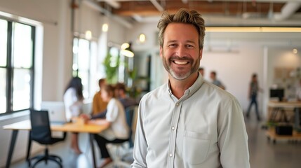 A smiling CEO standing in a bright, open-concept workspace with colleagues working in the background - obrazy, fototapety, plakaty