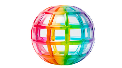 A vibrant multicolored plastic ball resting on a pristine white background