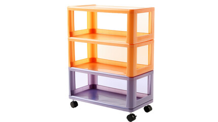 A vibrant orange and purple shelf with wheels, set against a clean white background