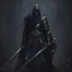A man in a black cloak and helmet holding two swords - obrazy, fototapety, plakaty