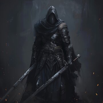 A man in a black cloak and helmet holding two swords