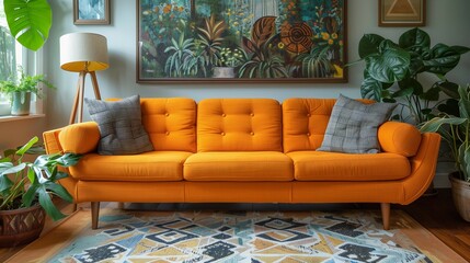 Vintage Revival: Mid-Century Modern Design with Vibrant Orange Sofa, generative ai