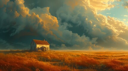 Stormy Sky Above Lone Farmhouse, generative ai