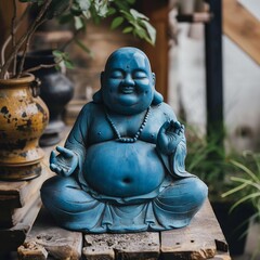 A blue statue of a Buddha with a necklace around his neck