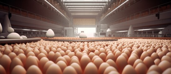 Fresh and raw chicken eggs on a conveyor belt, being moved to the packing house. Consumerism