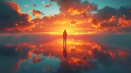 Fotobehang Otherworldly Serenity: A Mirror Lake and Surreal Sky, generative ai © Matus