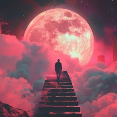 Fototapeta na wymiar A man is walking up a set of stairs in front of a large red moon