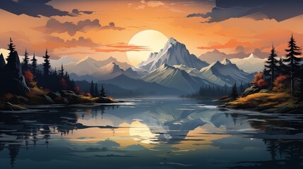 A serene logo icon depicting a peaceful mountain lake reflecting the surrounding peaks. - obrazy, fototapety, plakaty