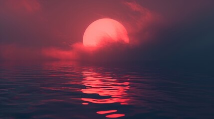 A red sun is in the sky above a body of water