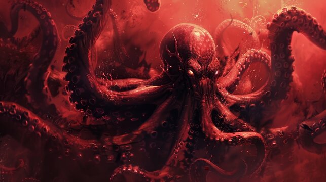 A red octopus with a scary face is the main focus of the image