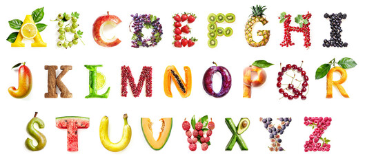 Fruit Alphabet Isolated on White Background - obrazy, fototapety, plakaty