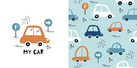 Сhildish pattern with little car, cute baby print. Transport seamless background, vector texture for kids bedding, fabric, wallpaper, wrapping paper, textile, t-shirt print
