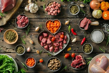 Overhead view of heart shaped bowls with fresh ingredients for pet food on rustic wood including raw beef liver chicken vegetables and grains - Powered by Adobe