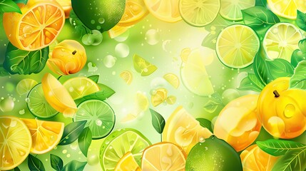 Green and yellow fruits background. Lime and lemon citrus. Summertime