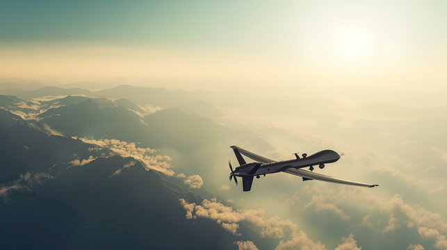Military drone flying in the sky over the clouds
