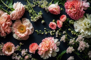 A flat lay photograph featuring pink and white peonies, ranunculus, chrysanthemums, with some leaves scattered around the flowers. The botanical backdrop has vibrant colors against a black background.