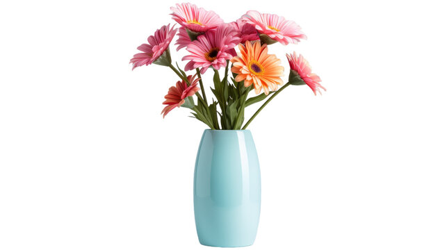 A blue vase bursts with vibrant pink and orange flowers