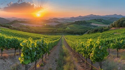 Fototapeta premium Dawn Breaking at the Grapevine Fields, generative ai