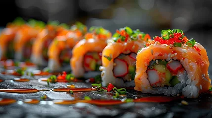 Fotobehang Beautiful sushi and rolls on a dark stone background. Food advertising. Banner, menu. © Innavector