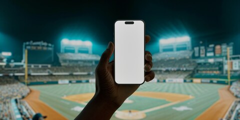 A hand holds a smartphone with a blank screen at a baseball stadium