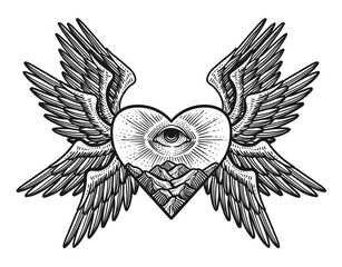 Illustration of Heart wings angel with illuminati eyes.