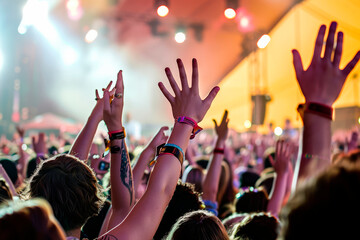 Crowd at a concert with hands up. Hands in the air positive vibes at festival.