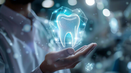 A dentist holds a glowing, virtual tooth hologram in a high-tech environment. Dental technology concept.