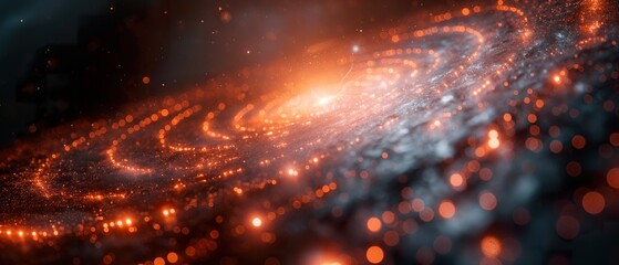Fiery central orb with radiating light particles creates vibrant depiction of a supernova or a digital big bang in virtual space interstellar event where sparkling particles converge on a bright