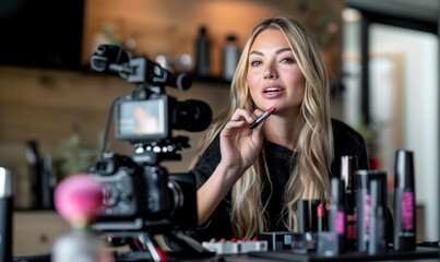A beauty blogger applies lipstick during a video tutorial. Concept of beauty, digital content creation, and the personal connection cultivated by social media influencers.
