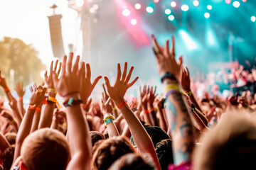 Crowd at a concert with hands up. Hands in the air positive vibes at festival. - obrazy, fototapety, plakaty