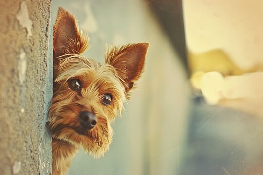 peeking yorkshire terrier with retro filter